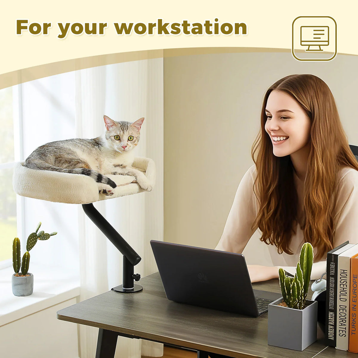 I YAN cat desk bed with soft, adjustable hammock and 360° rotatable stand for indoor cats, designed for table or desk use.