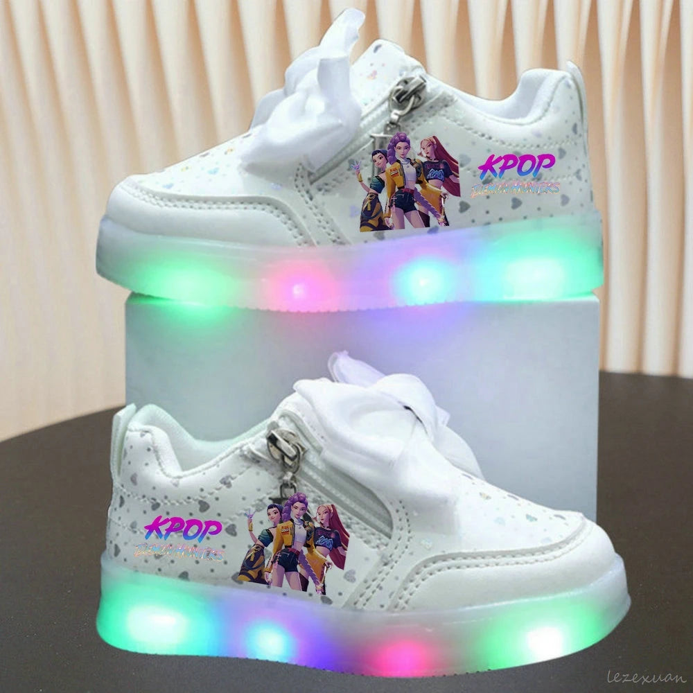 LED Casual Sneakers For Spring Girls KPop Demon Hunters Printed Mesh Breathable Shoes Children Lighted Non-slip Pink Purple