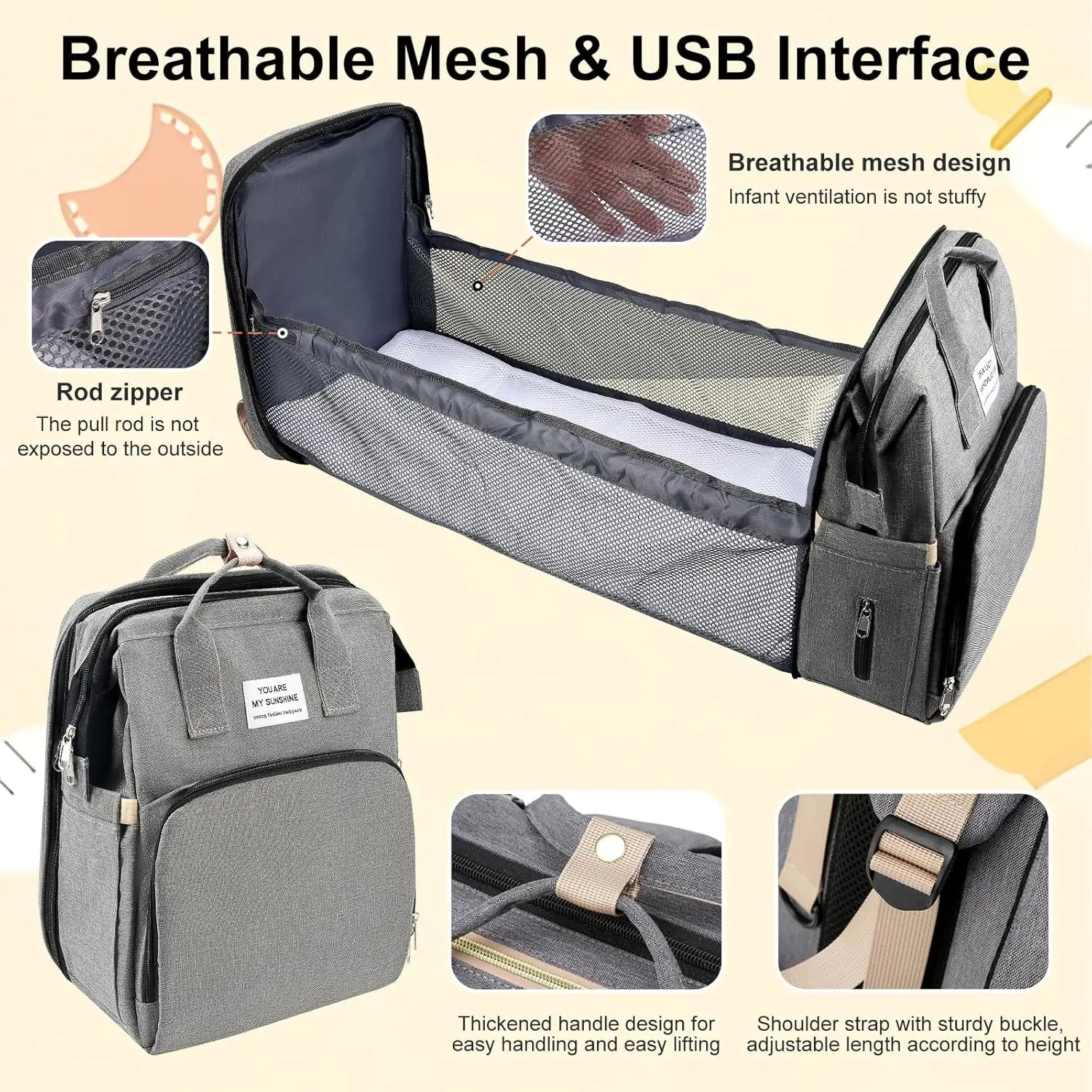 Baby Changing Nappy Bag with Changing Mat Large Capacity for Mum Waterproof Portable Backpack Foldable Bed Stroller StrapsTravel