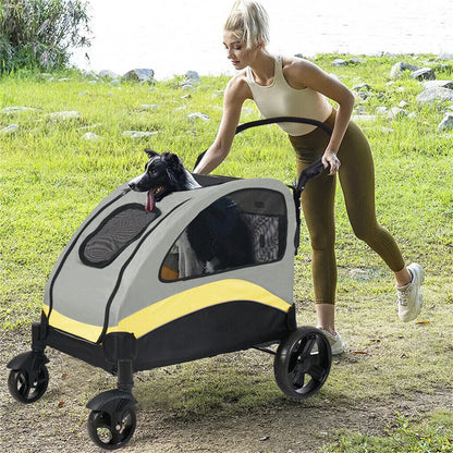 Foldable I YAN dog stroller with four wheels, suitable for small to large dogs, designed for travel and outdoor walks.