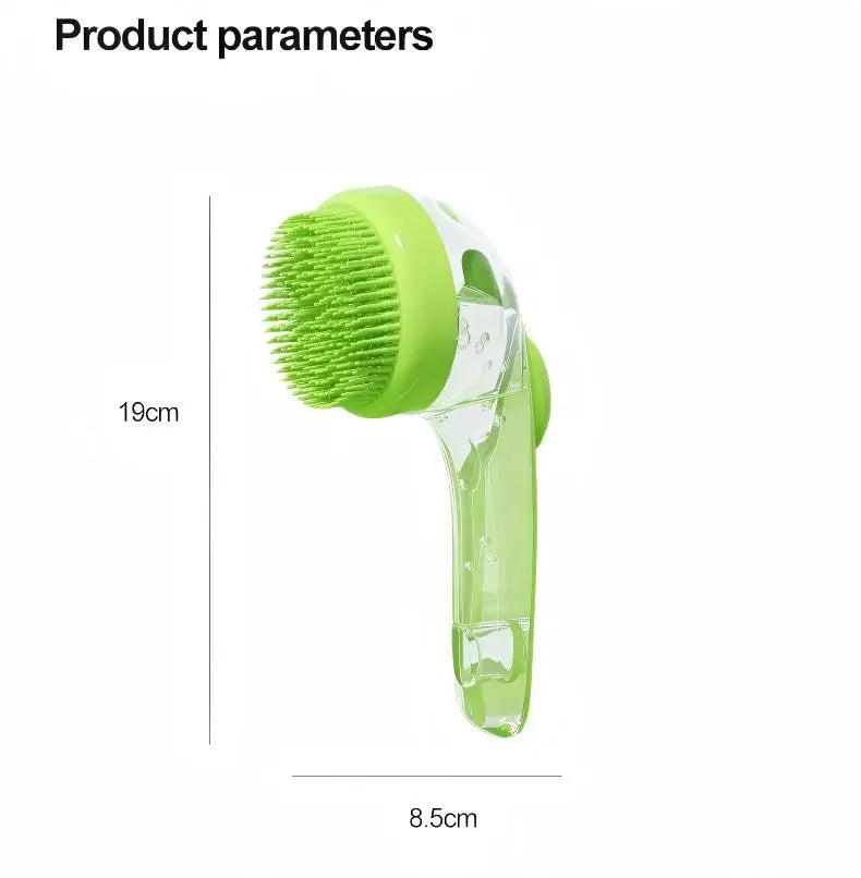 Soft silicone pet bath brush with shampoo dispenser for dogs and cats, grooming massage tool for shower cleaning.