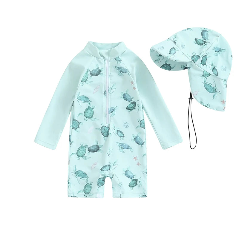 Tregren Toddler Boys Rash Guard Swimsuit Long Sleeve Turtle/Dinosaur Print Infant Bathing Suit Swimwear with Swim Caps Beachwear