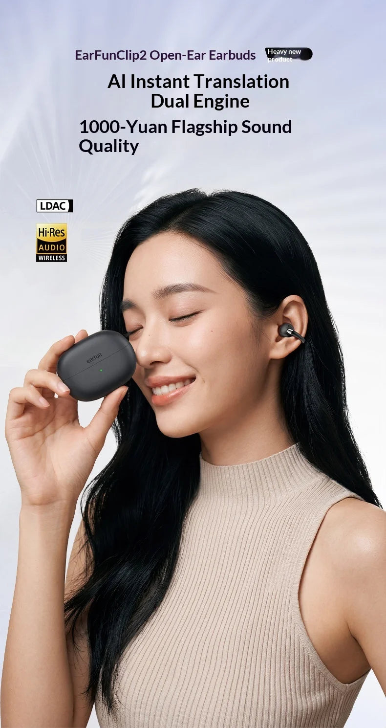 EarFun Clip 2 Open Ear Sport Bluetooth Earphones Hi-Res Sound AI Translation IP55 Waterproof Long Battery Life for Outdoor