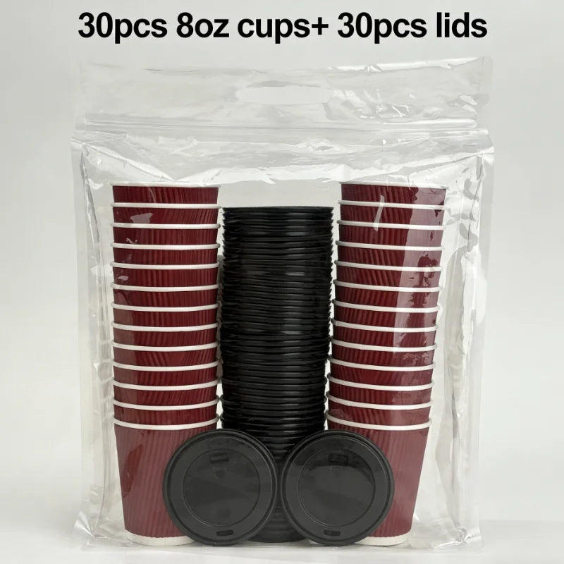 30pcs 8oz  Double-Walled Insulated Corrugated Cardboard Coffee Cups Thickened Disposable Striped Portable Paper Cups With Lids