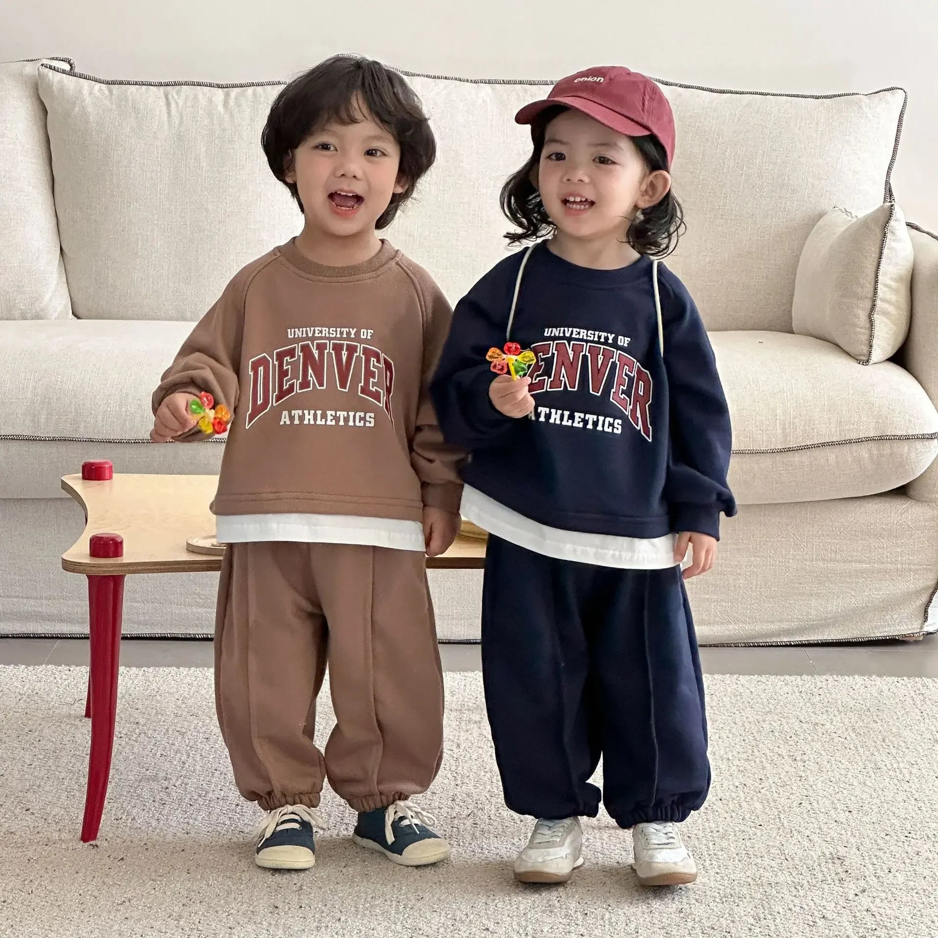 Kids Tracksuit Set Retro College Print Fake Two-Piece Sweatshirt Pants 1-10Y Baby Boys Girls 2026 Spring Autumn Casual Clothing