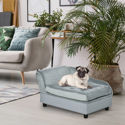 Gray PawHut luxury dog bed for small dogs with hidden storage, soft foam cushion, modern sofa design, ideal for puppies and little breeds.