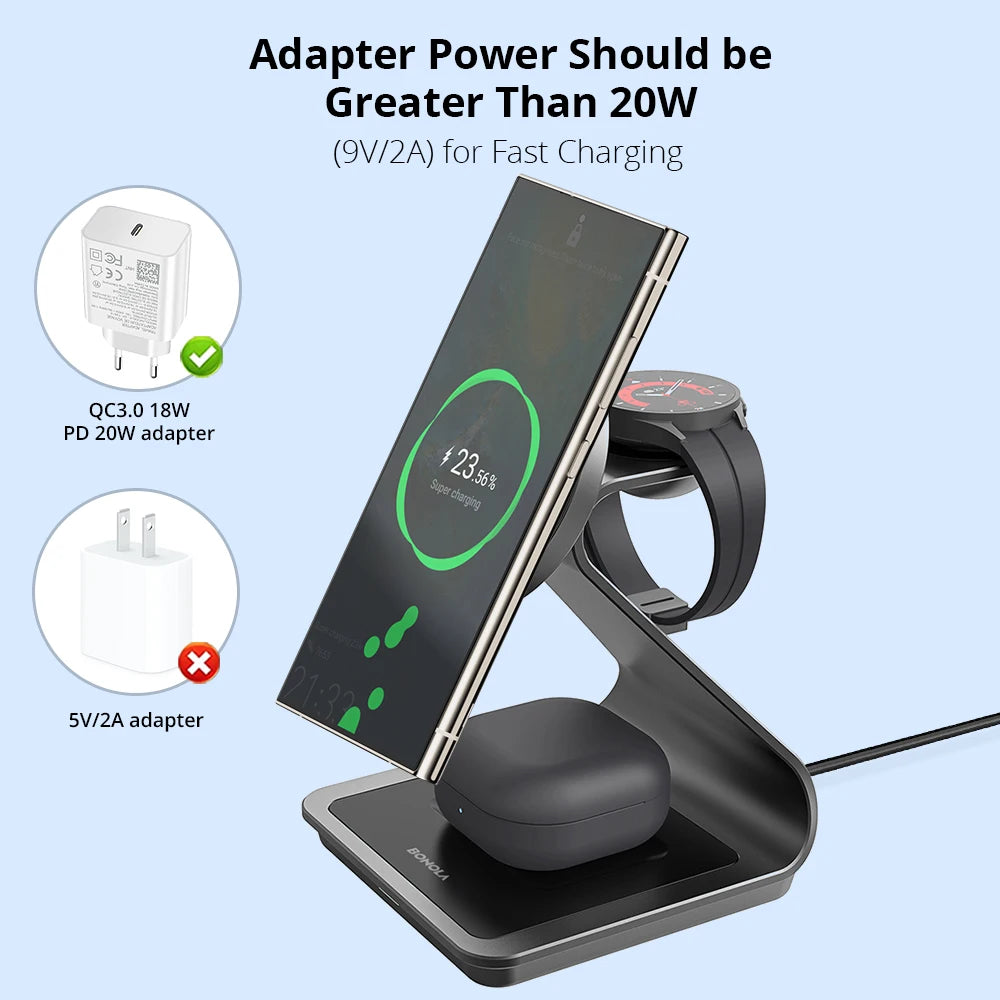 Bonola Magnetic 3 in 1 Wireless Charger Station for Samsung S24 Ultra/S25/26 Fast Charging Stand for Galaxy Watch 8/7/6/Earbuds