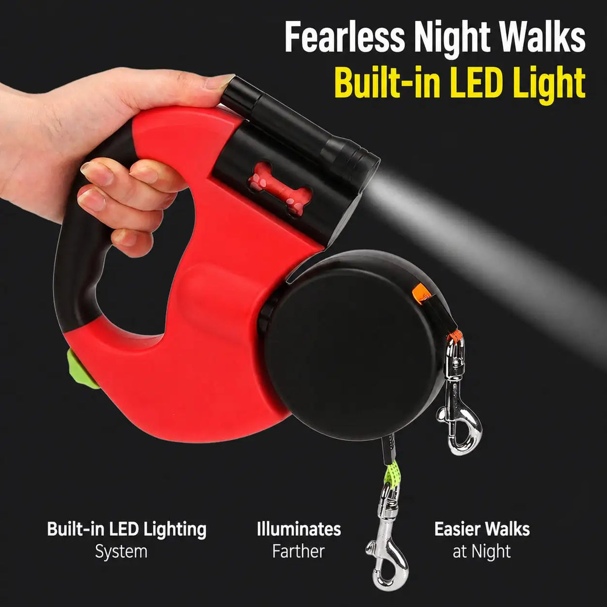 Dual retractable dog leash with LED light for small dogs, showing the I YAN brand, with handles extended and LED illumination visible.