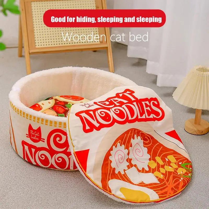 Soft Ramen Noodle Cat Bed by I YAN, cozy pet house with cover, designed for small to large cats for indoor comfort.