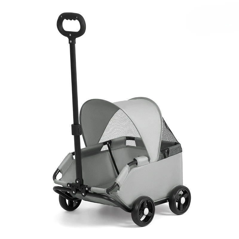 I YAN 4-wheel pet stroller with UV sun canopy, breathable mesh window, retractable handle, suitable for small dogs, cats, puppies.