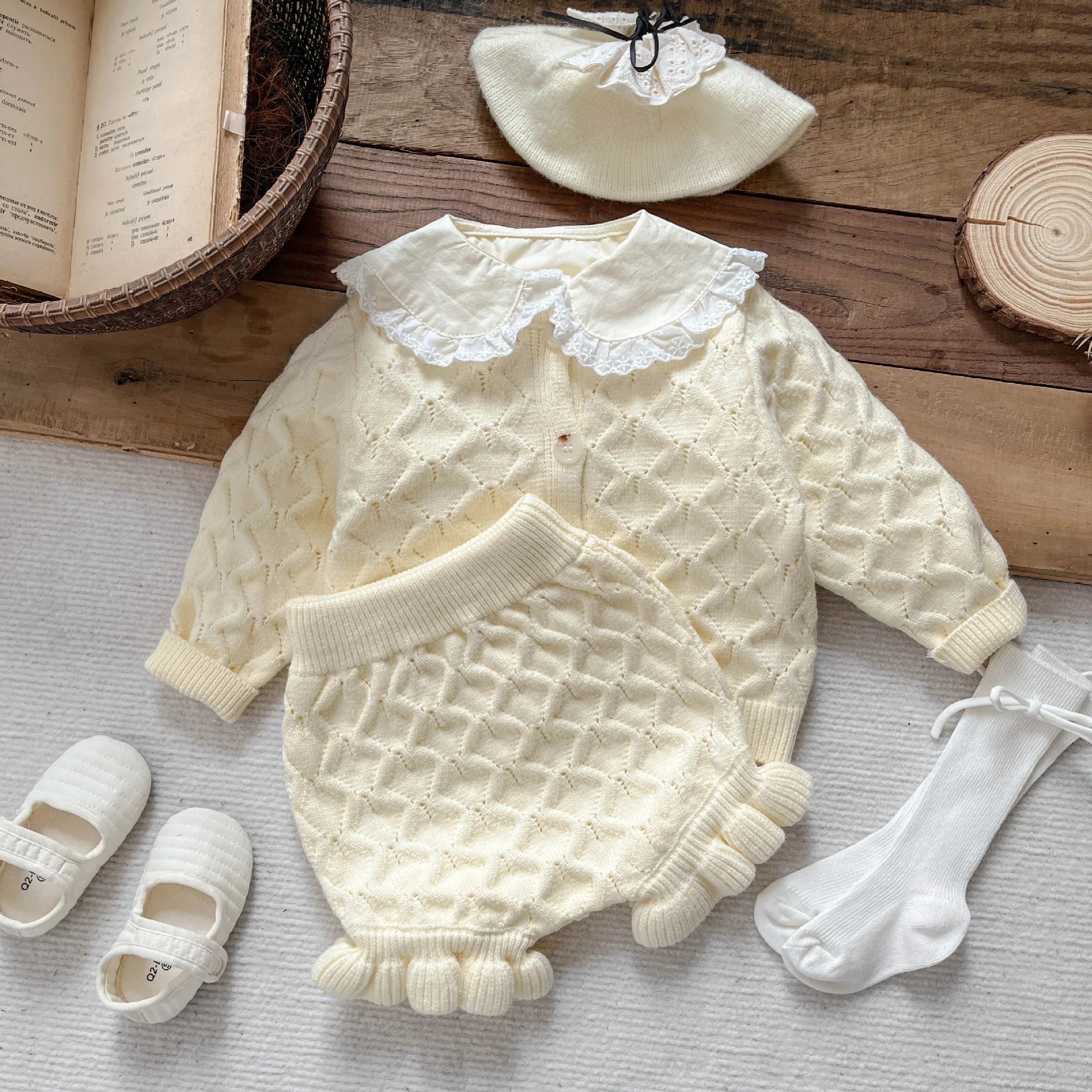 Baby Girl Knit Cardigan & Shorts Set – Hollow-Out Sweater 2-Piece Outfit - I YAN