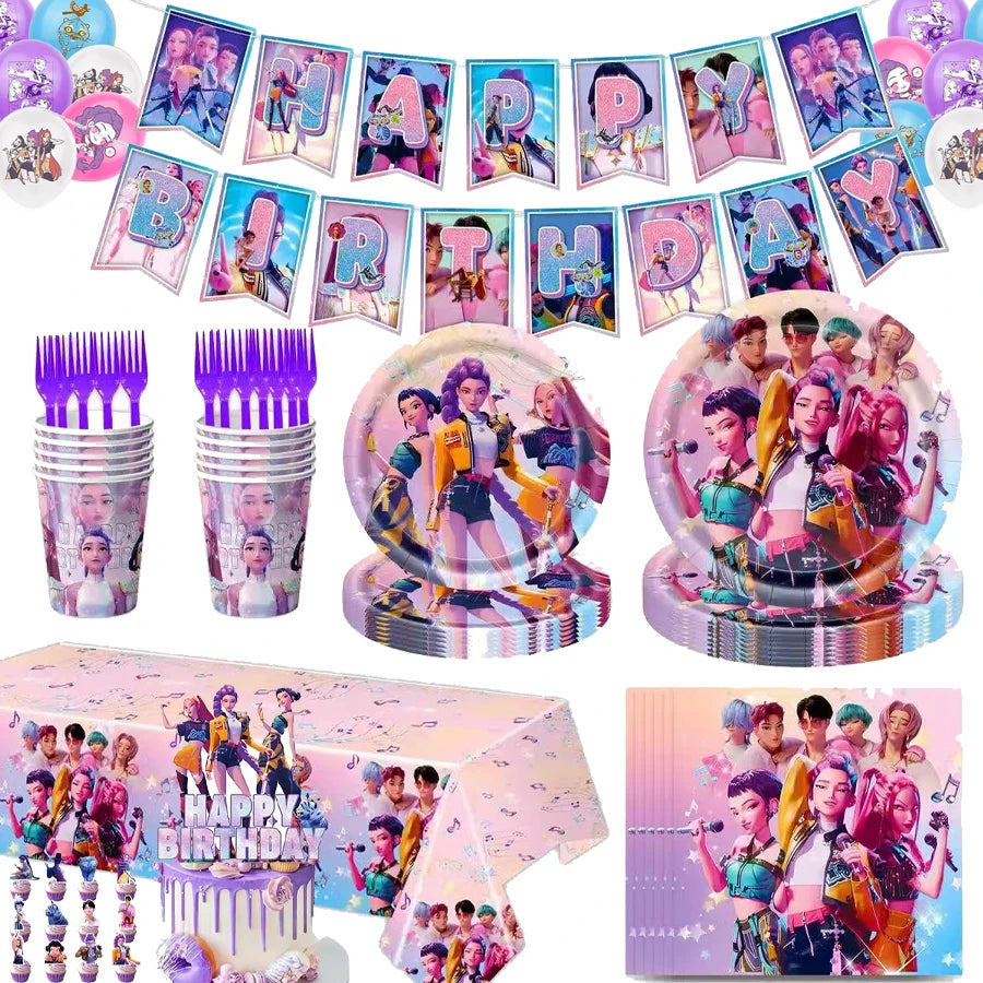 K-Ppop Demon Hunter Disposable Tableware Set Paper Cups And Cake Topper for Birthday Christmas Party Supplies Favors Gift Bag