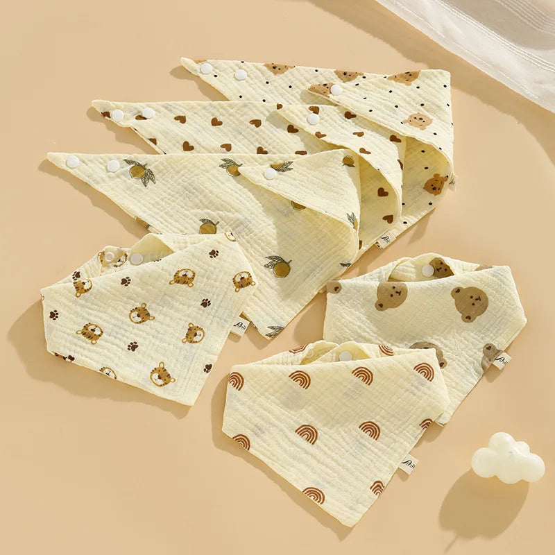 0-2Year Baby Bibs Saliva Scarf 5Pcs Triangle Scarf Cartoon Bear 4-Layer Linen Cotton Newborn Boy Girl Absorbent Cloth Baby Bibs