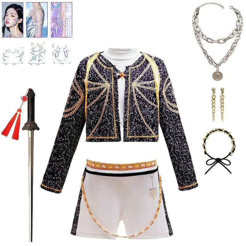 Kids K-Pop girls cosplay costume set featuring Rummi and Zoe characters by I YAN, colorful outfits for children ages 2 to 12.