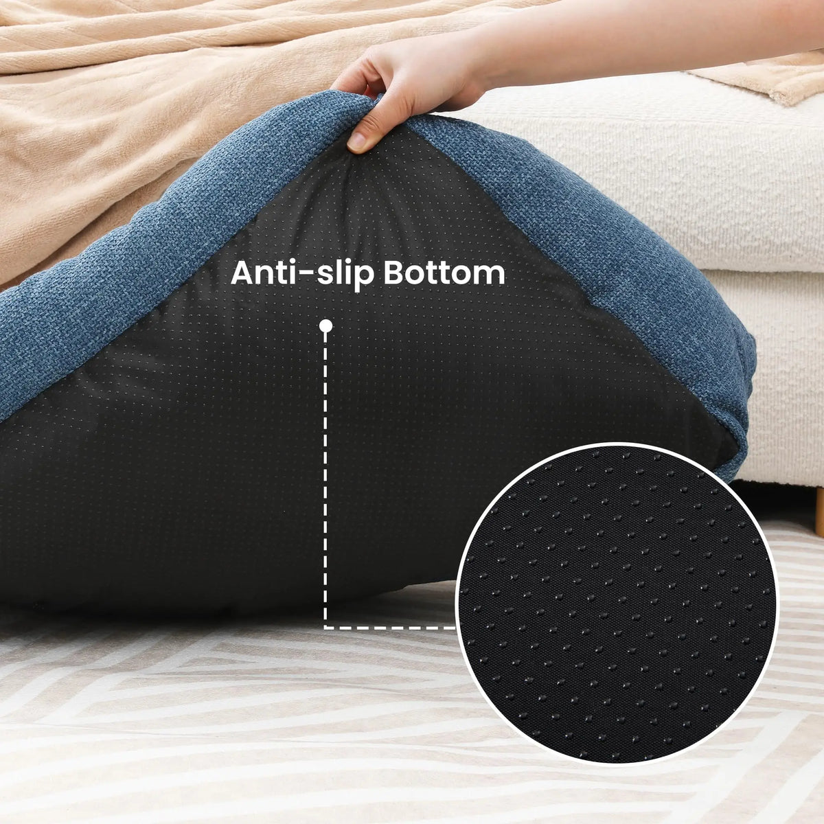 Small blue plush dog and cat bed with anti-slip bottom, removable washable cover, perfect for indoor and outdoor use.