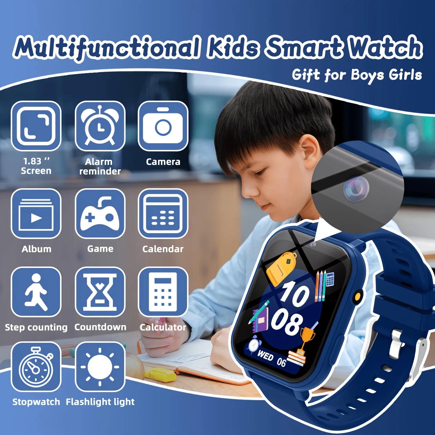 I YAN kids' smartwatch with HD touchscreen, camera, music player, puzzle games, pedometer, and flashlight for children aged 6-12.