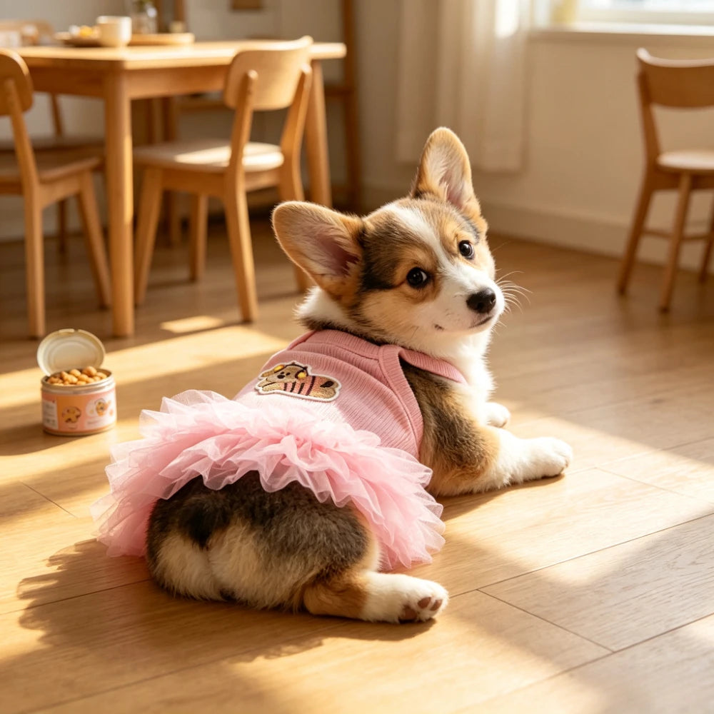 Cute sleeveless puffy princess dog skirt by I YAN, featuring a comfortable fit for small dogs and cats, with a charming half skirt design.