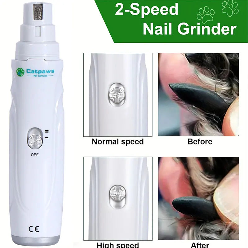 I YAN Quiet Electric Pet Nail Grinder, USB rechargeable claw trimmer for dogs and cats with a compact design and safety features.