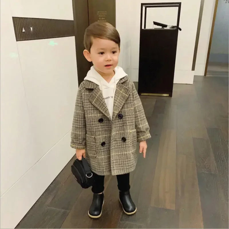 New Spring Autumn Boys Coats Long Style Grid Design Handsome Trench Coat For Kids 2-6 Years Old British Style Jacket