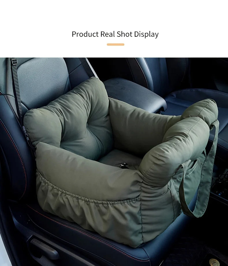 Dog car seat with safety belt by I YAN, non-slip travel carrier for small dogs, shown with padded interior and secure harness.