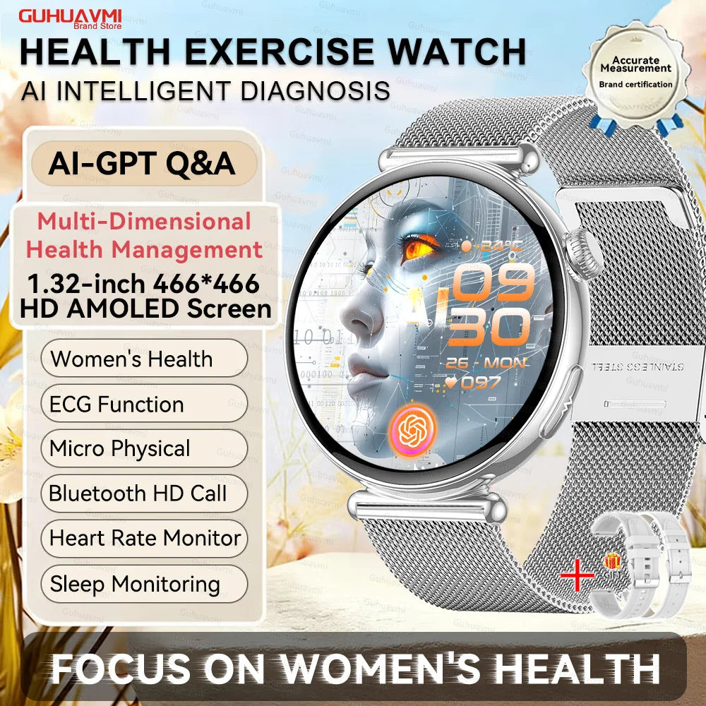 2026 New Women AI Smart Diagnosis Smart Watch HRV+ECG Uric Acid Blood Oxygen Health Monitor IP68 Waterproof Sports Smartwatches