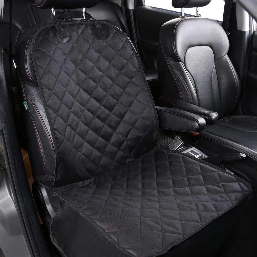 Waterproof, non-slip pet dog carrier car seat cover by I YAN on rear seat with cushion and foldable design for travel protection.