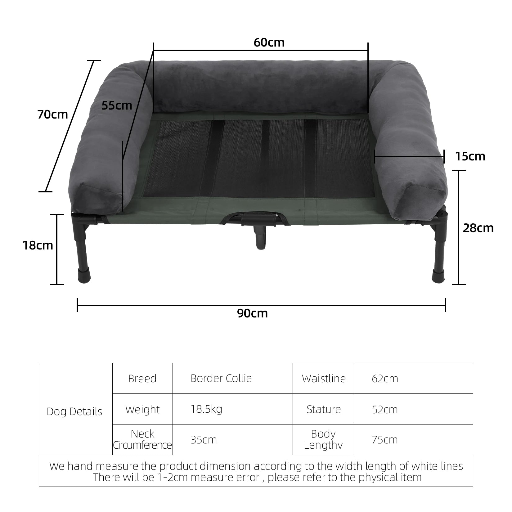 L-2XL Outdoor IndoorElevated Dog Bed for Large Sized Dog Cooling Raised Cot Pet Hammock Bed with Detachable Plush Bolster Breathable Mesh
