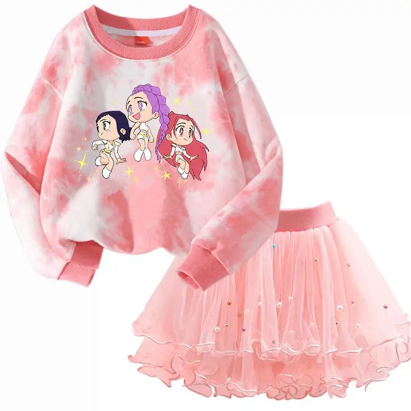 K-Pop Hunters Zoey Mira Rumi Children Sweaters Girls Tie-dye Sweatshirt Pink Pullovers Kids Tops Tulle Princess Dresses Suit