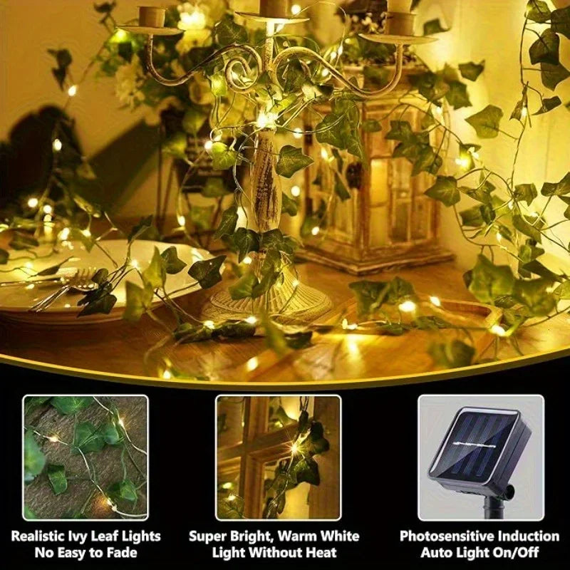 50/100LED Green Fairy Lights with Solar-Powered Artificial Ivy Leaves Featuring 8 Modes for Garden Wedding Christmas Decoration