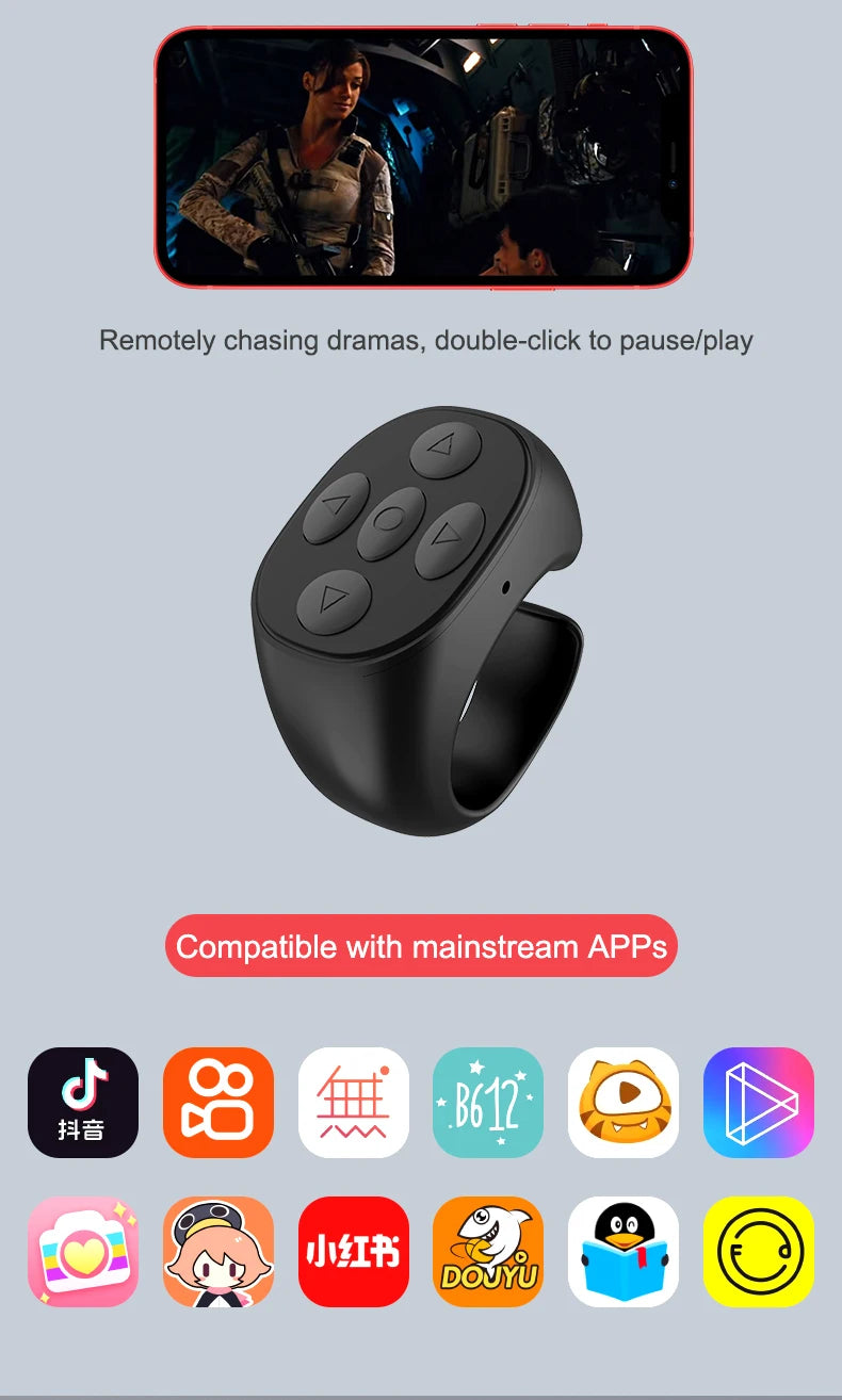 I YAN wireless Bluetooth selfie remote control ring for Xiaomi and Apple smartphones, enabling easy Tiktok selfies and mobile photography.