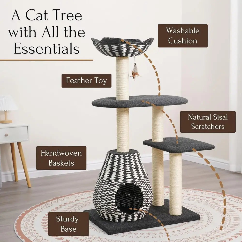 Handwoven Cat Tree with Condo, Top Bed & Sisal Posts - 2 Platforms, Recycled Paper Rope, Replaceable Sisal, Black & White