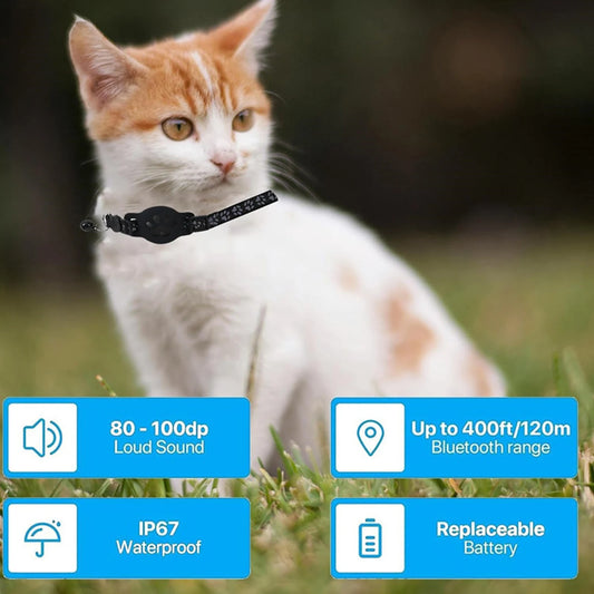 I YAN waterproof electronic pet locator with bell on kitten collar, ideal for cats and small pets, compatible with iOS and Android devices.