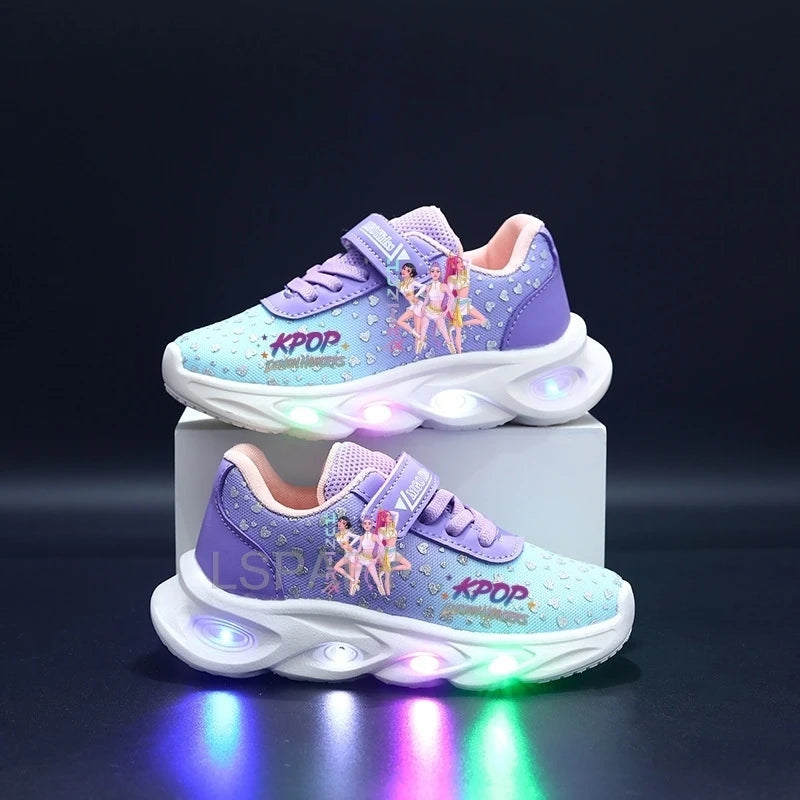 Kpop Demon Hunters Children Sneakers for Girls New Led Mesh Casual Shoes Kids Breathable Glowing Up Tennis Sport Shoes