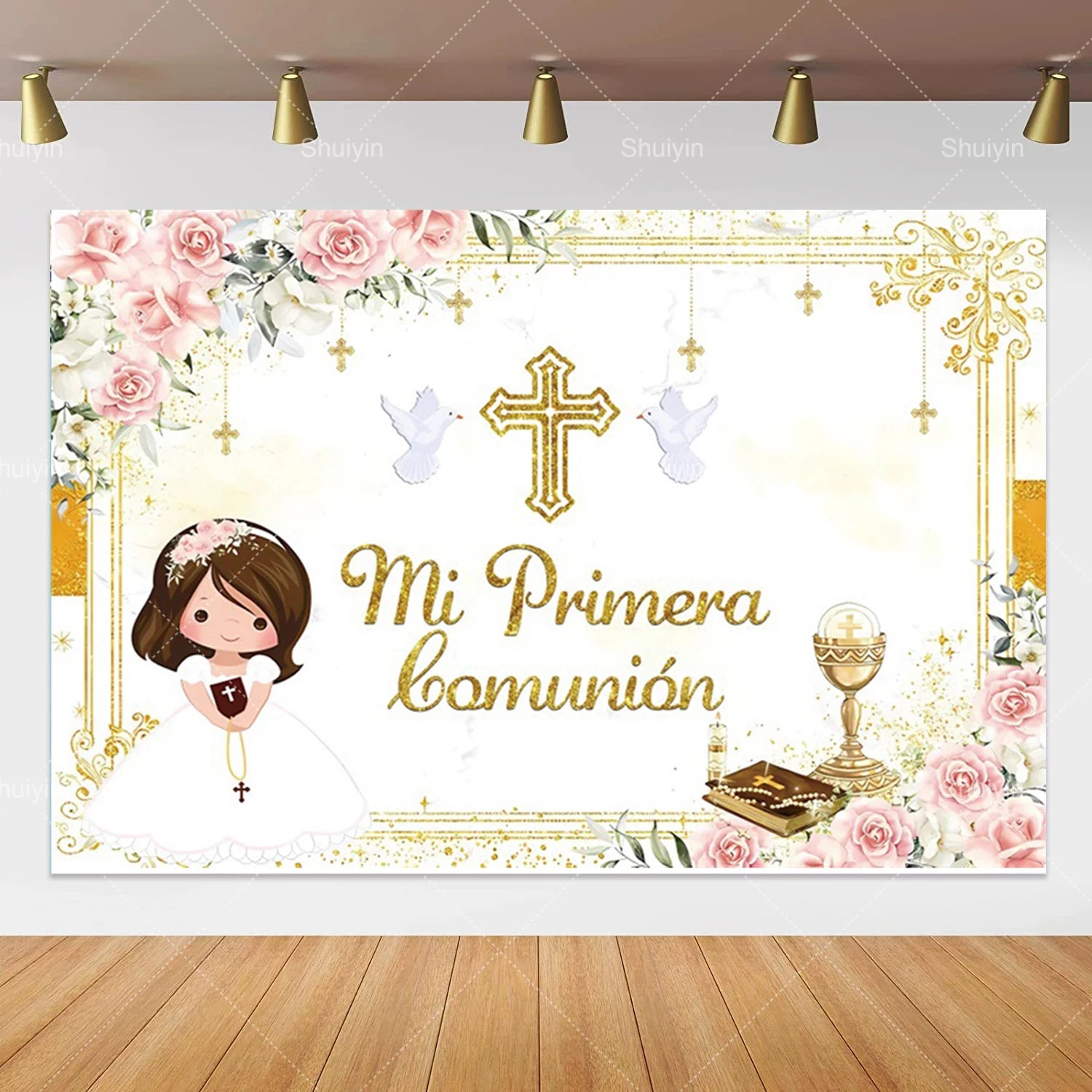 Boy Girl First Communion Backdrop Gold Cross Grail God Bless Baptism Party Decor Background Christening Baby Shower Photo Props