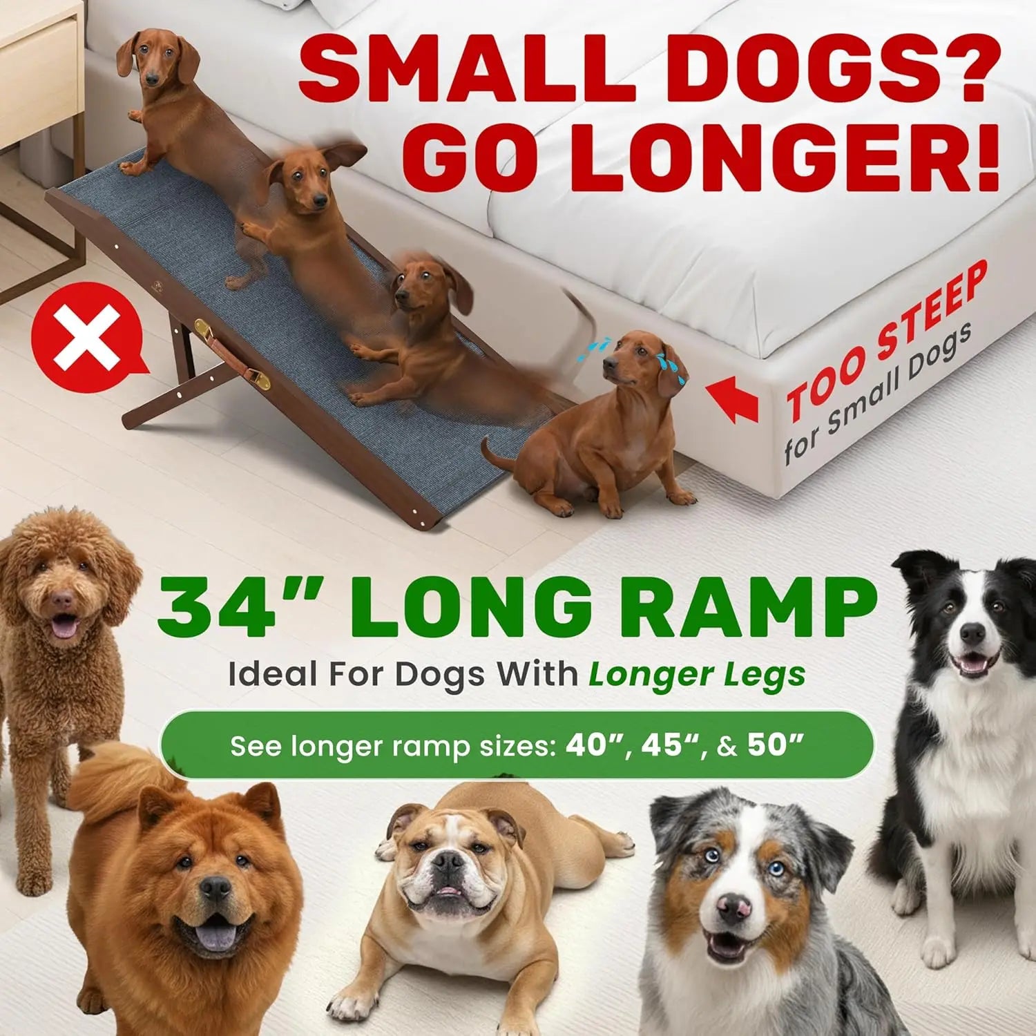 Adjustable Dog Ramp for Furniture and Beds - 34' L x 14' W Dog Bed Ramps for Medium Dogs with 4 Incline Levels & Non-Slip Tracti