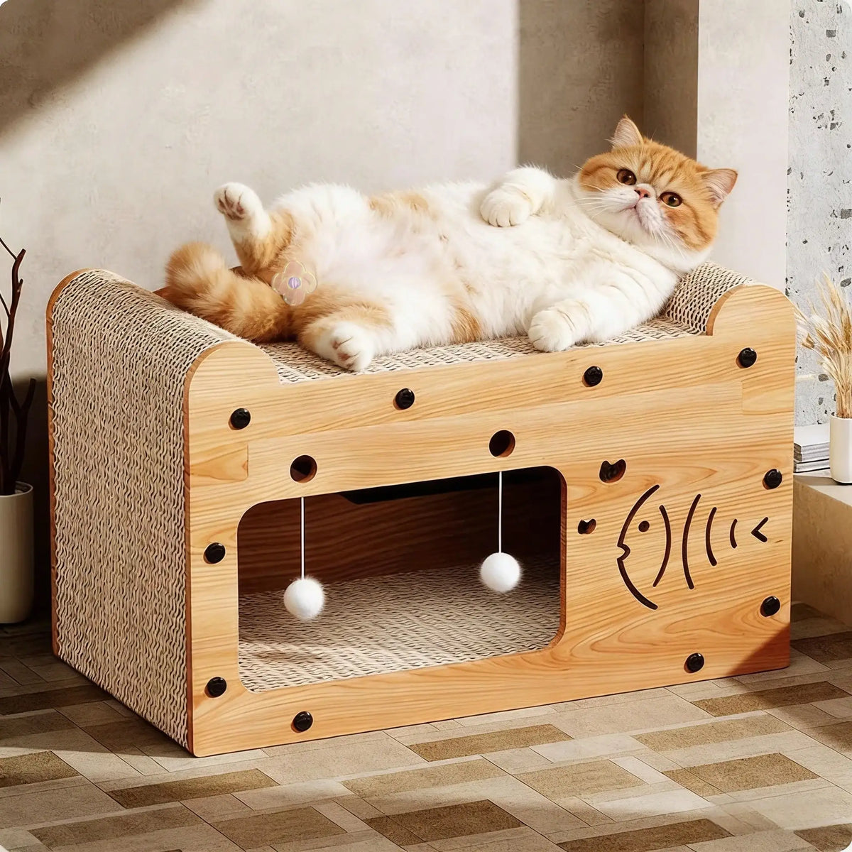 I YAN 2-in-1 double layer cat scratcher lounge with cardboard hideaway, Pom Pom toys, providing scratching and play space for cats.