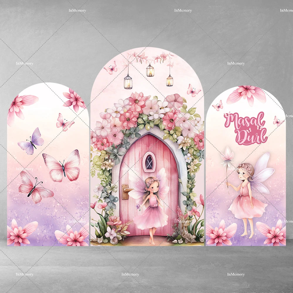 Fairy Girl 1st Birthday Party Arch Backdrop Spring Garden Pink Purple Butterfly Floral Mushroom Door Baby Shower Backgrounds