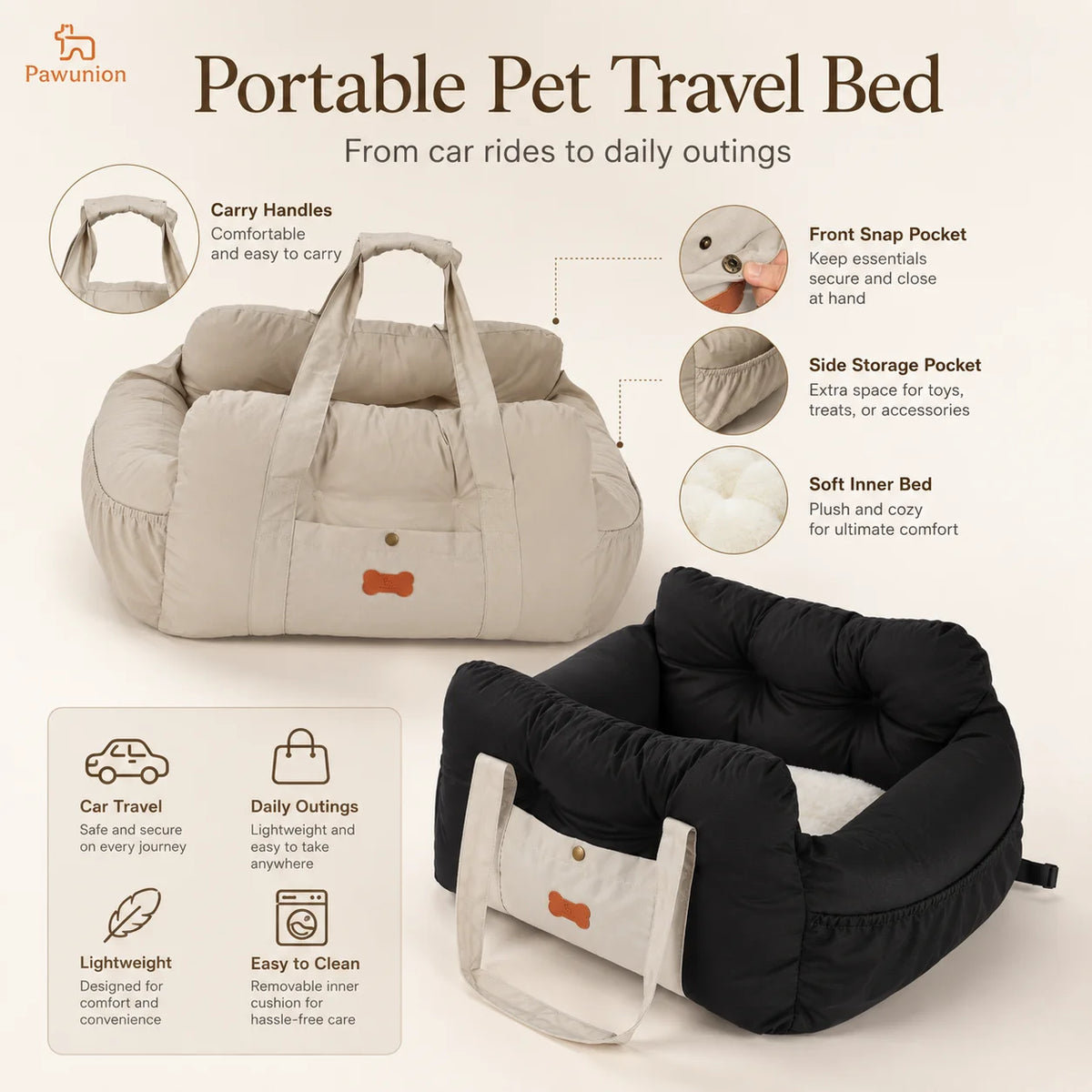 I YAN small dog car seat with plush interior, safety tether, storage pocket, and portable booster for cozy travel in front or back seat.