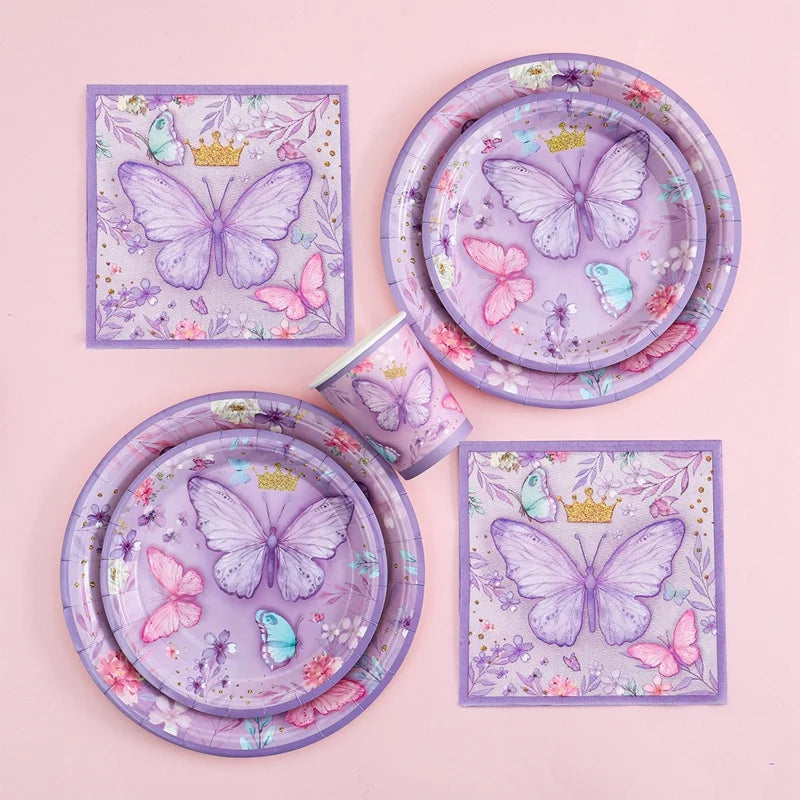 Butterfly Birthday Party Decoration Kids Girls Butterfly Party Disposable Tableware Paper Cup Plate Birthday Baby Shower Party - I YAN