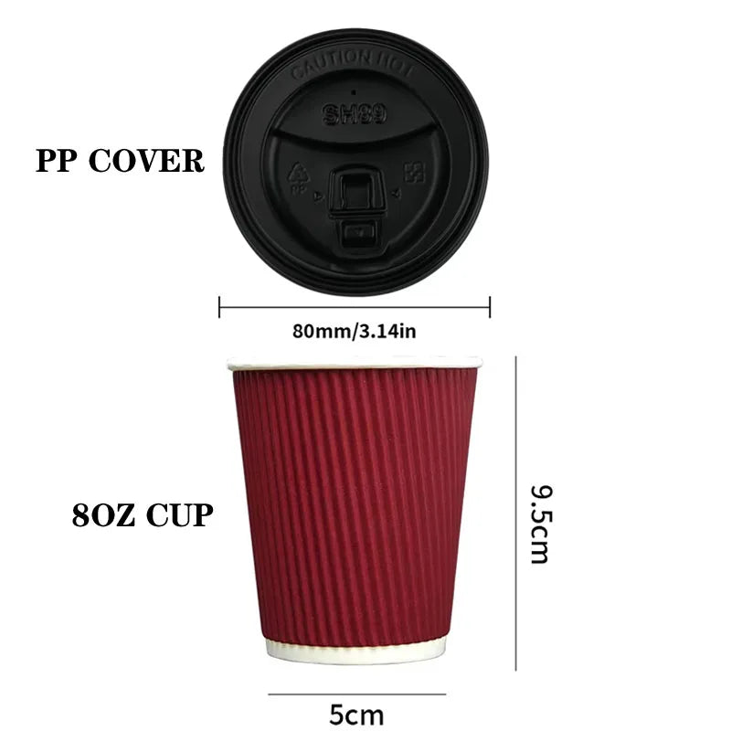 30pcs 8oz  Double-Walled Insulated Corrugated Cardboard Coffee Cups Thickened Disposable Striped Portable Paper Cups With Lids