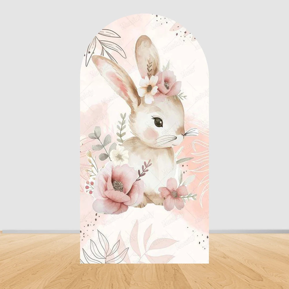 Little Rabbit Pink Flower Bow Baby Girl Birthday Party Arch Backdrop Cover Bunny Baby Shower Arched Photo Background Decor Props