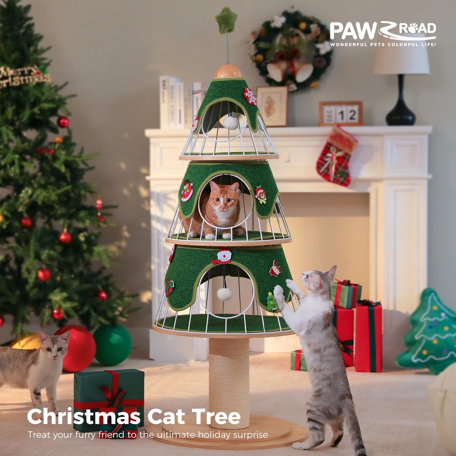 Christmas Cat Tree with 3 Cozy Condos, Sisal Scratching Post, Multi-Level Cat Tower, Cat House Bed for Indoor, Cat Furniture
