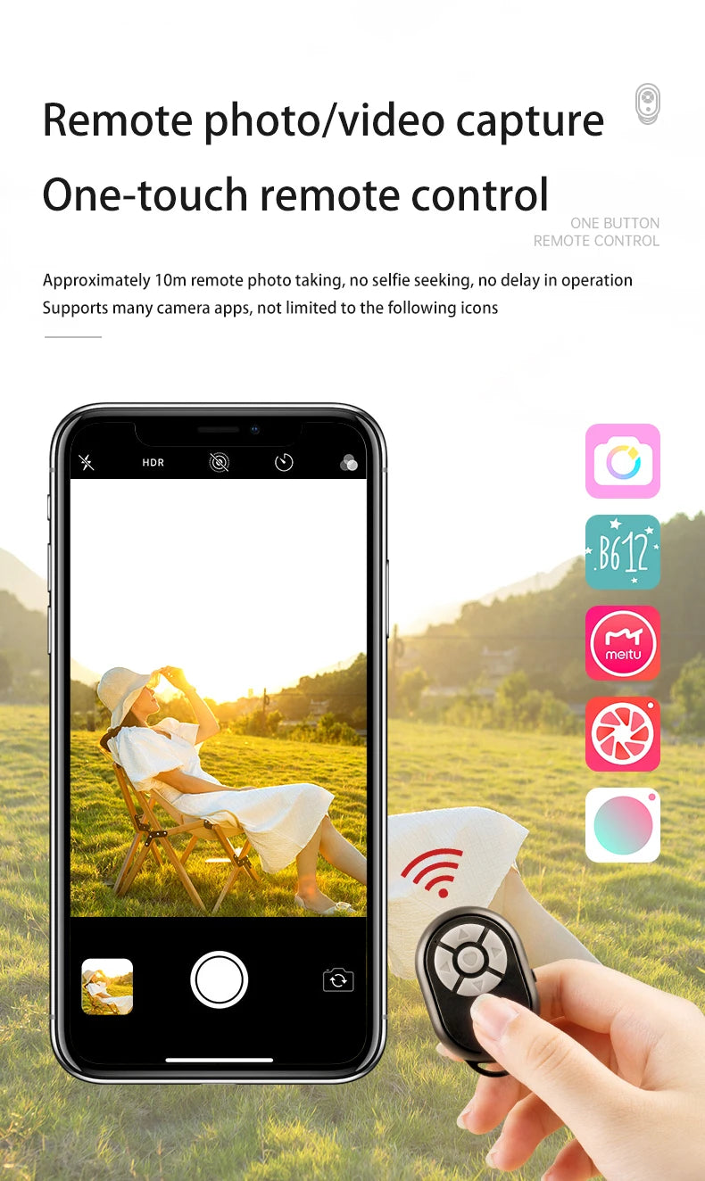I YAN Bluetooth remote control for iPhone, Xiaomi, Android phones, used for selfies and camera control with universal remote functionality.