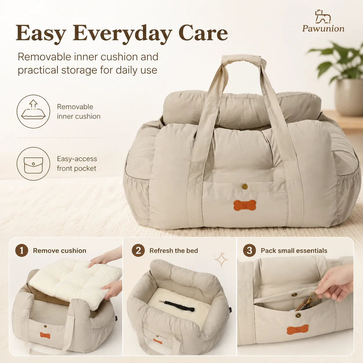 I YAN small dog car seat with plush interior, safety tether, storage pocket, and booster design for safe travel in front or back seat