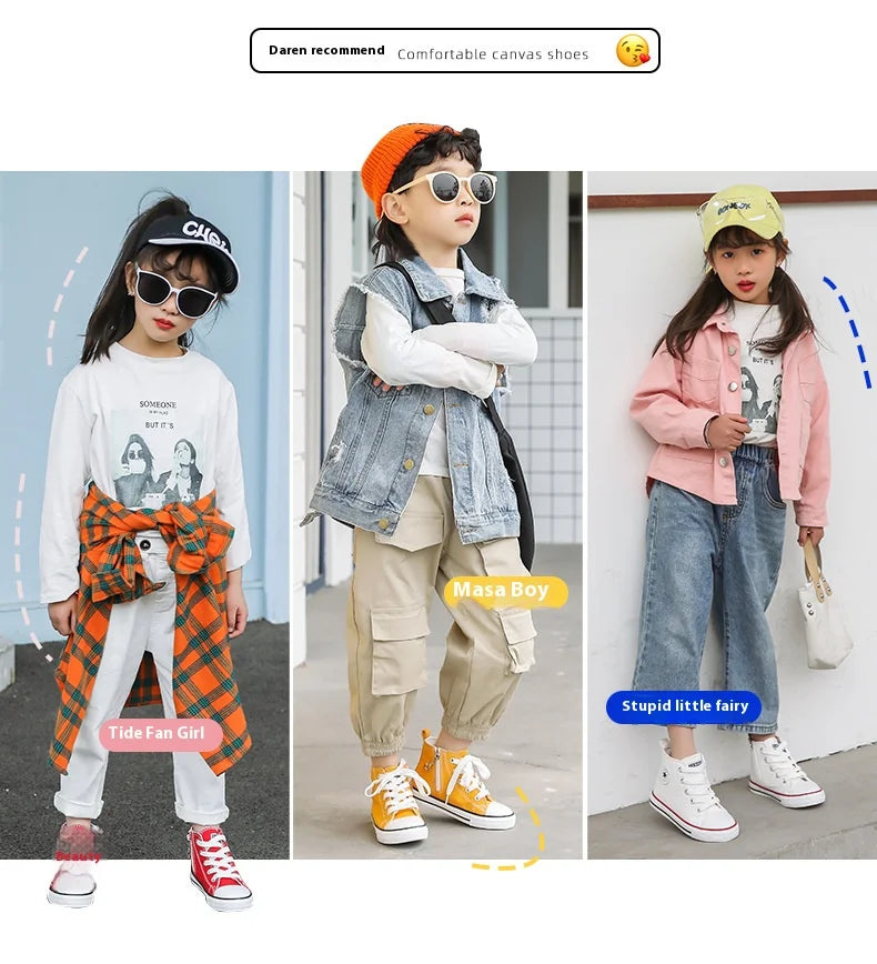 Children's High-Top Canvas Shoes Soft Bottom Comfortable Non-slip Casual Shoes Summer Simple Solid Color Lace-Up Canvas Shoes