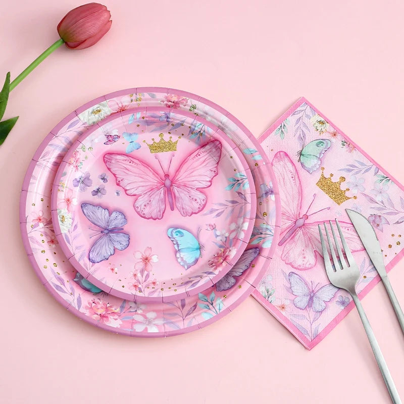Butterfly Birthday Party Decoration Kids Girls Butterfly Party Disposable Tableware Paper Cup Plate Birthday Baby Shower Party - I YAN