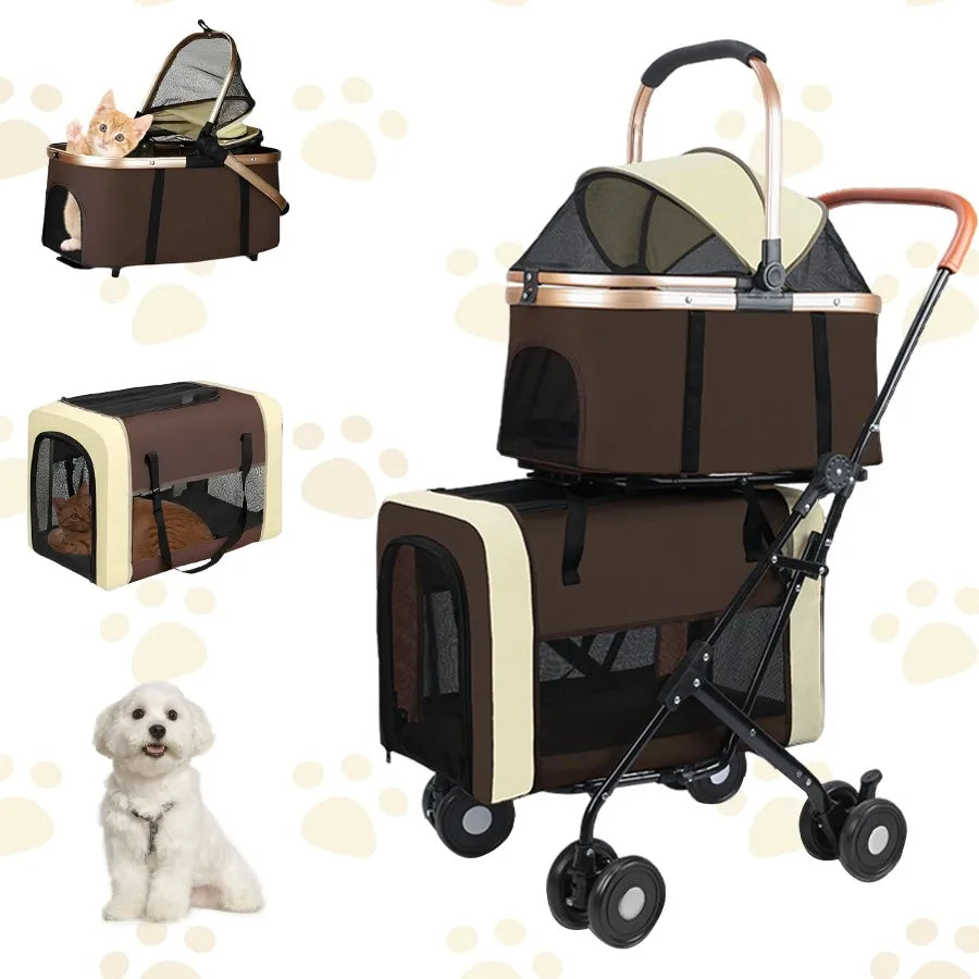 3-in-1Double Pet Stroller, Foldable Portable Pet Travel Strolling Cart for Medium Small Dogs Cats, up to 50lbs Dark Green