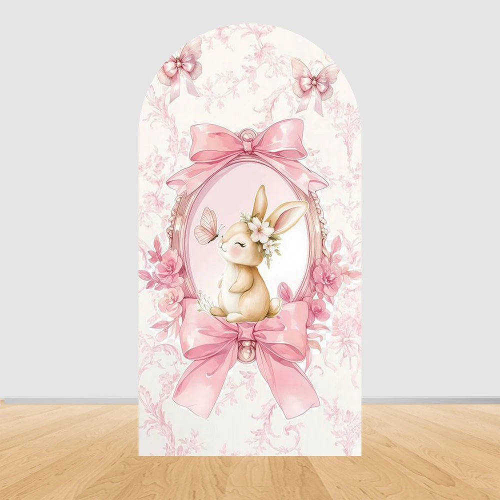 Easter Bunny Rabbit One Birthday Arch Backdrop Cover Pink Dress Floral Bowknot Sweetheart Girl Cake Party Decor Photo Wall