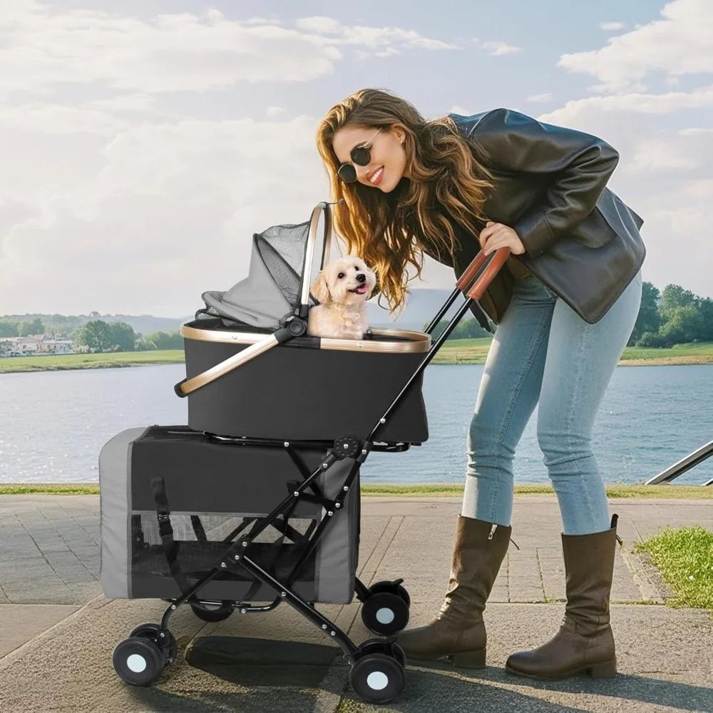 Double Pet Stroller for Dogs & Cats: Foldable Travel Carriage with Detachable Carriers, Safety Belts, 4 Lockable Wheels for Small to Medium Pets, Multi-Pet Home