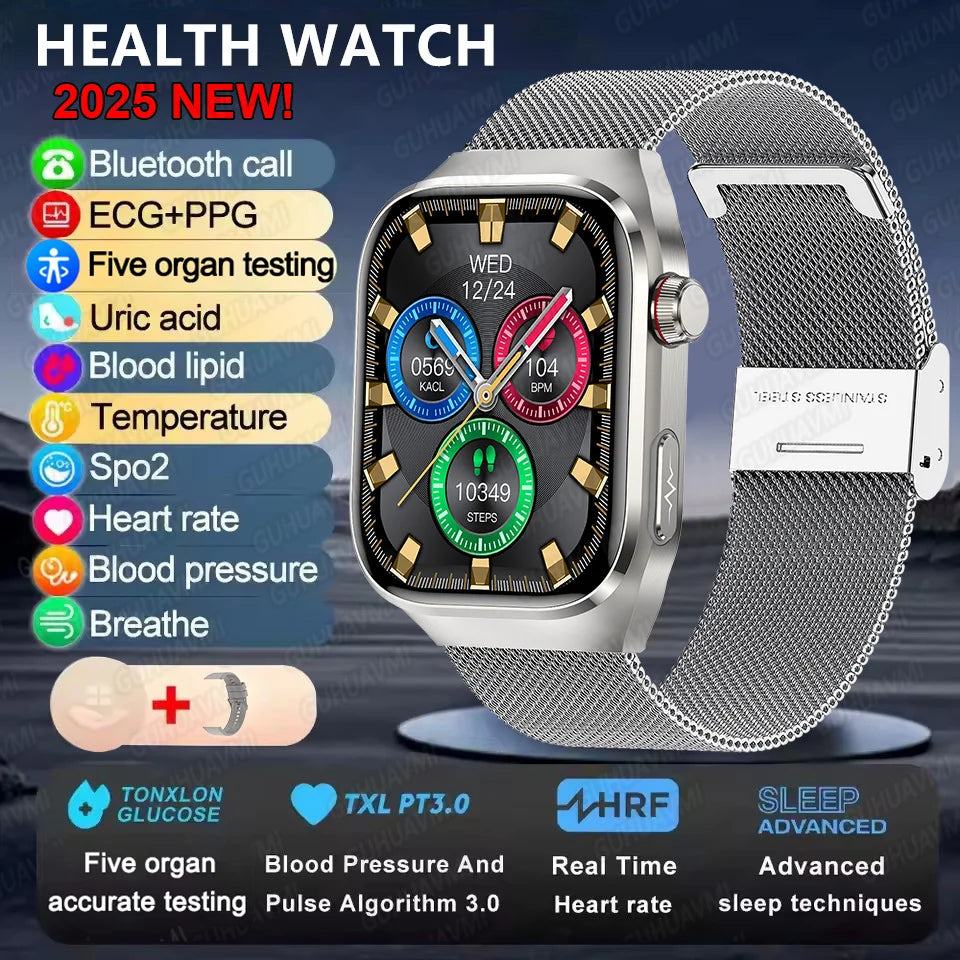 I YAN micro physical examination smartwatch for men displaying health metrics, uric acid, body fat, and Bluetooth call features.